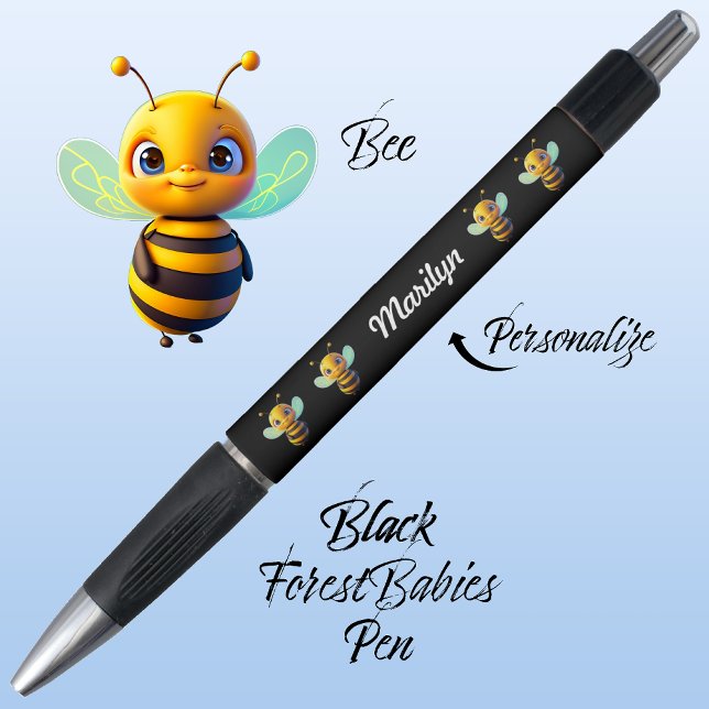 Bumblebee, Bumble Bee School Stationery Black Ink Pen (Cute Whimsical Bee Cartoon Graphic, Black Personalizable ForestBabies Pen 🐝)