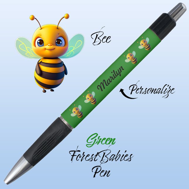 Bumblebee, Cute Fun Gift, Honey bee Graphic Green Pen (Cute Whimsical Bee Cartoon Graphic, Green Personalizable ForestBabies Pen 🐝)