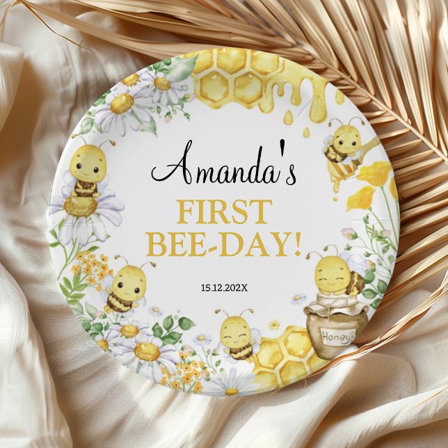 Bumblebee Floral First Bee Day Birthday Party Paper Plates (Creator Uploaded)