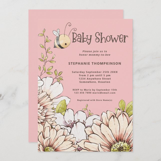 Bumblebee Florals Baby Pink Shower Invitation (Front/Back)