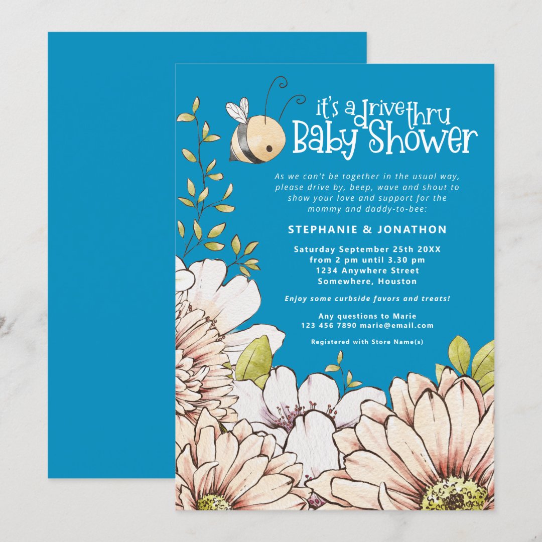 Bumblebee Florals Blue Drive Thru Baby Shower Invitation Zazzle