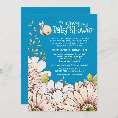 Bumblebee Florals Blue Drive Thru Baby Shower Invitation