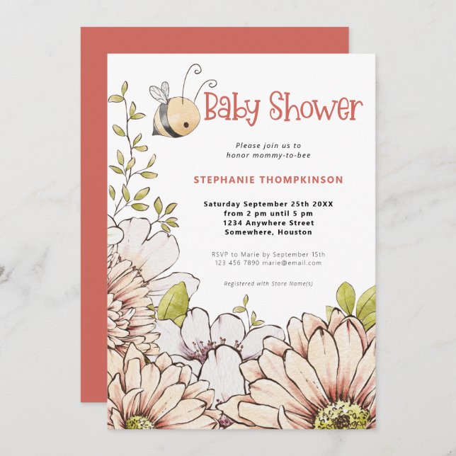 Bumblebee Florals Coral Baby Shower Invitation (Front/Back)