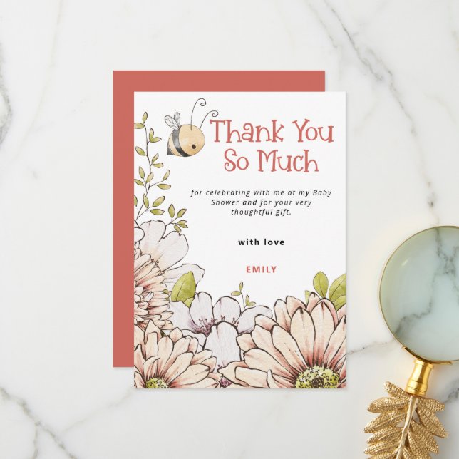 Bumblebee Florals Coral Baby Shower Thank You Card (Front/Back In Situ)