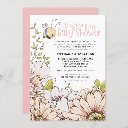 Bumblebee Florals Drive Thru Baby Pink Shower Invitation