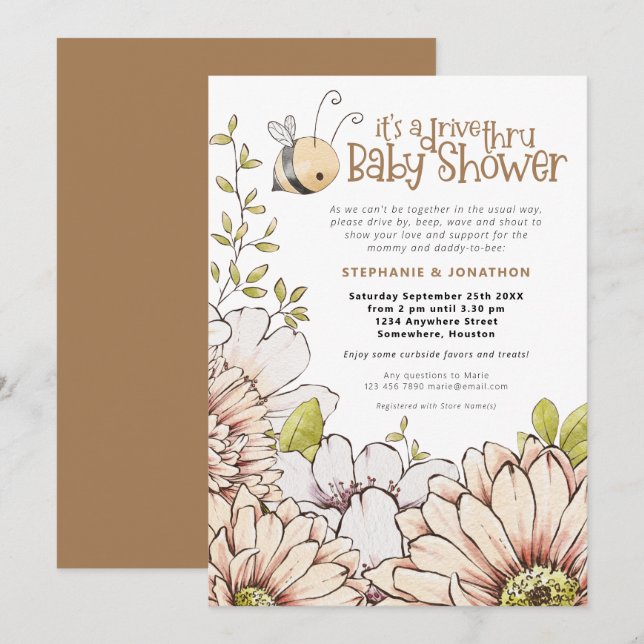 Bumblebee Florals Gold Drive Thru Baby Shower Invitation (Front/Back)
