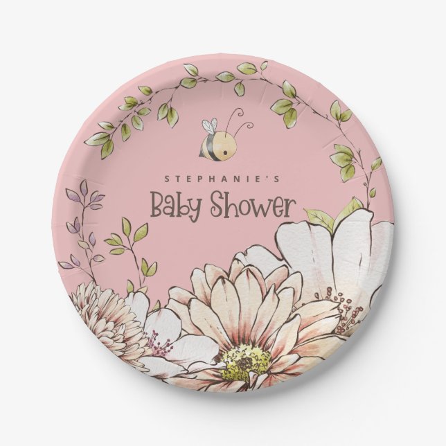 Bumblebee Florals Name Baby Pink Shower Paper Plates (Front)