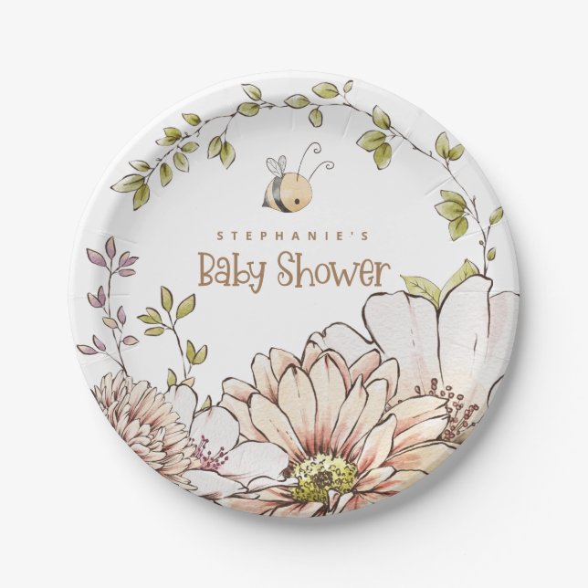 Bumblebee Florals Name Gold Text Baby Shower Paper Plates (Front)
