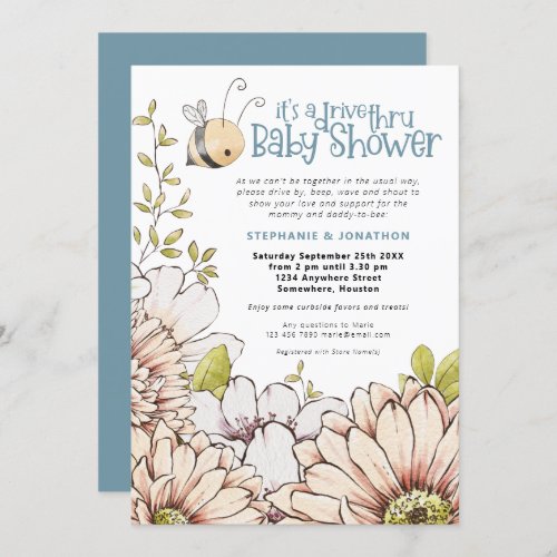 Bumblebee Florals Teal Drive Thru Baby Shower Invitation