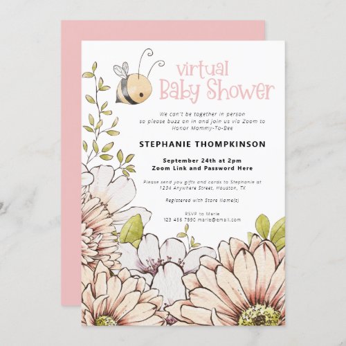 Bumblebee Florals Virtual Baby Pink Shower Invitation