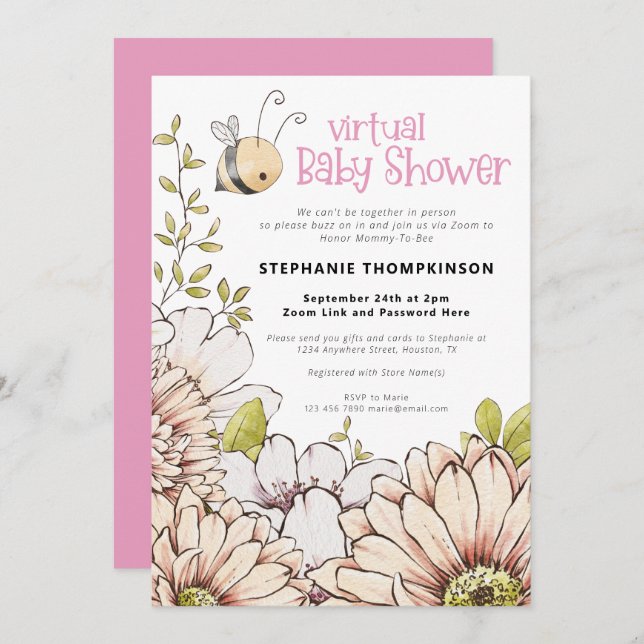 Bumblebee Florals Virtual Pink Baby Shower Invitation (Front/Back)