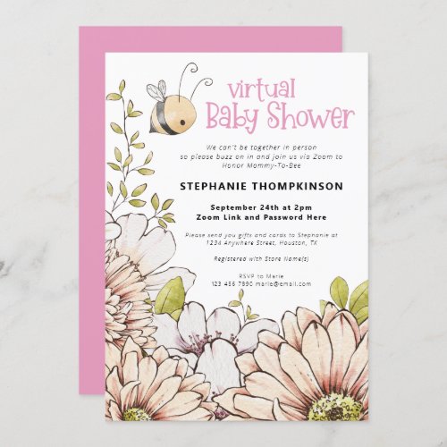 Bumblebee Florals Virtual Pink Baby Shower Invitation