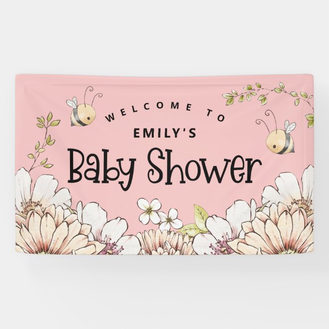 Bumblebee Florals Welcome to Baby Shower Pink Bann Banner (Horizontal)