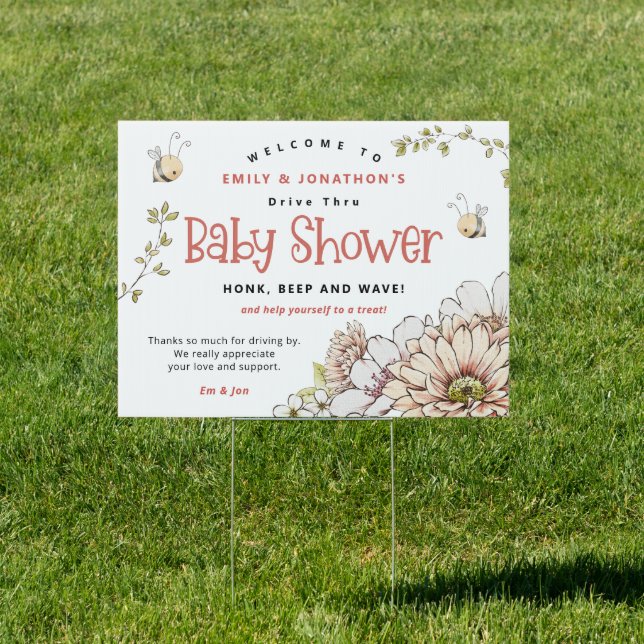 Bumblebee Florals Welcome to Drive By Baby Shower Sign (Insitu)
