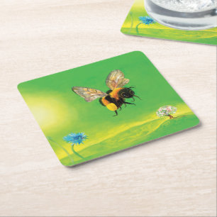 Bumblebee Flying over the Meadow Square Paper Coaster