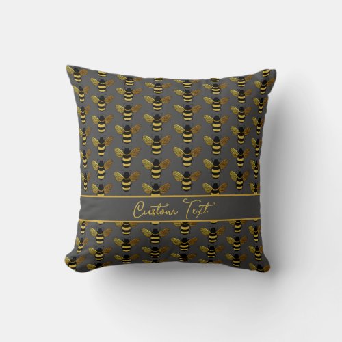 BUMBLEBEE GOLD BLACK BEE REPEATING PATTERN BROWN  THROW PILLOW