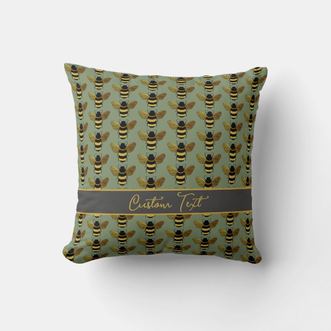 BUMBLEBEE GOLD BLACK BEE REPEATING PATTERN GREEN THROW PILLOW (Front)