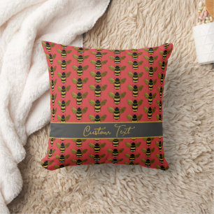 BUMBLEBEE GOLD BLACK BEE REPEATING PATTERN RED THROW PILLOW