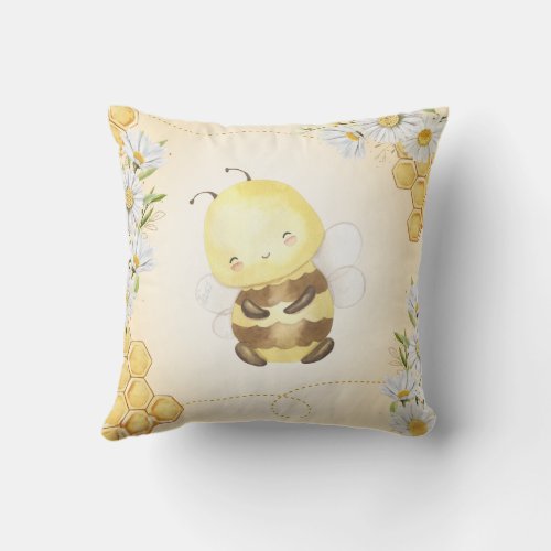 Bumblebee Honey Bee Monogram Name Kid Baby Nursery Throw Pillow