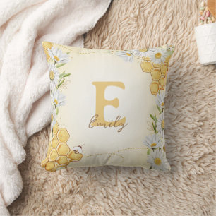 Bumblebee Honey Bee Monogram Name Kid Baby Nursery Throw Pillow