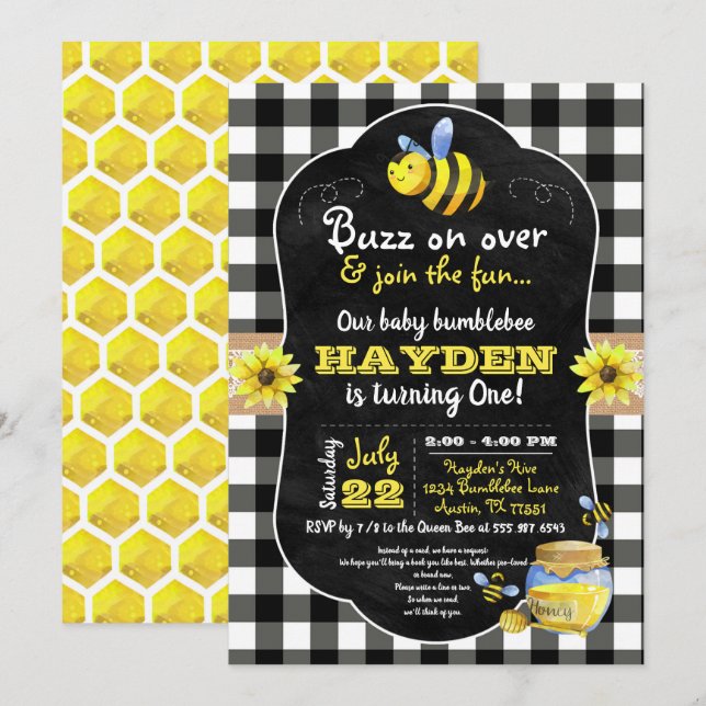 Bumblebee Honey Comb Sweet Baby First Birthday Invitation (Front/Back)