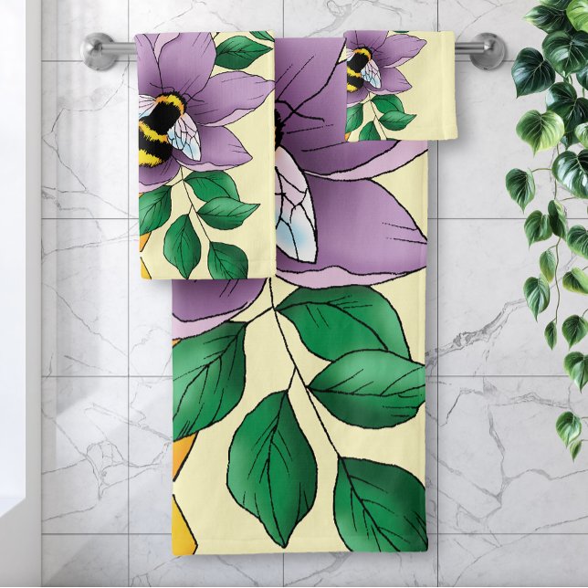 Bumblebee Lavender Flowers Yellow Bath Towel Set (Creator Uploaded)