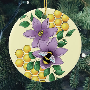 Bumblebee Lavender Flowers Yellow Ceramic Ornament