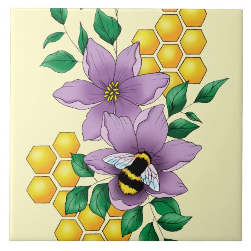Bumblebee Lavender Flowers Yellow Ceramic Tile