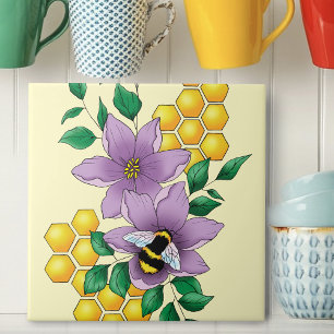 Bumblebee Lavender Flowers Yellow Ceramic Tile