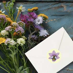 Bumblebee Lavender Flowers Yellow Classic Round Sticker