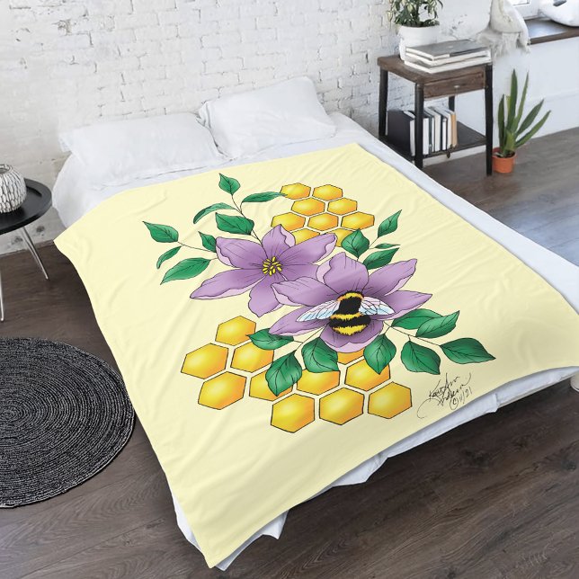 Bumblebee Lavender Flowers Yellow Fleece Blanket (Creator Uploaded)