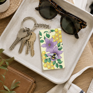 Bumblebee Lavender Flowers Yellow Keychain