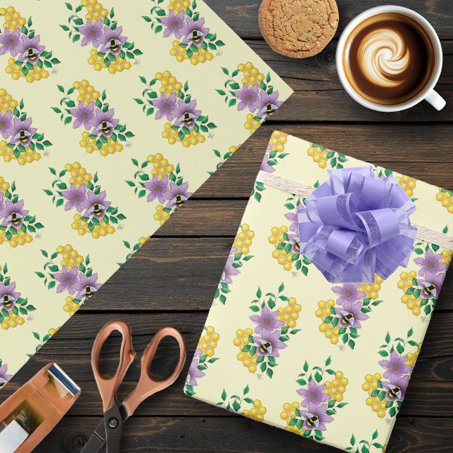Bumblebee Lavender Flowers Yellow Wrapping Paper (Creator Uploaded)
