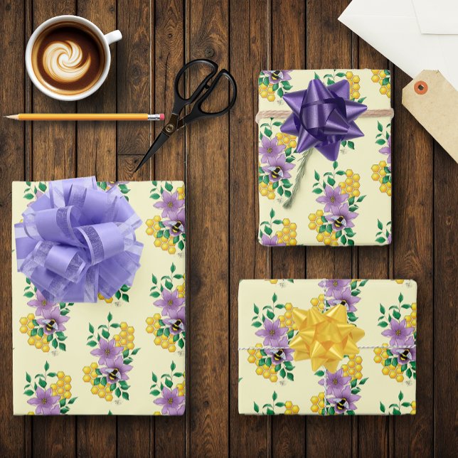 Bumblebee Lavender Flowers Yellow Wrapping Paper Sheets (Creator Uploaded)