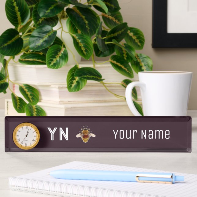 Personalized Bumblebee Monogram Plum Noir Desk Name Plate with Custom Initials and Name