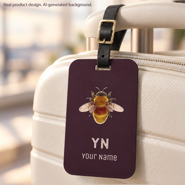 Personalized Bumblebee Monogram Plum Noir Luggage Tag with Custom Initials and Name
