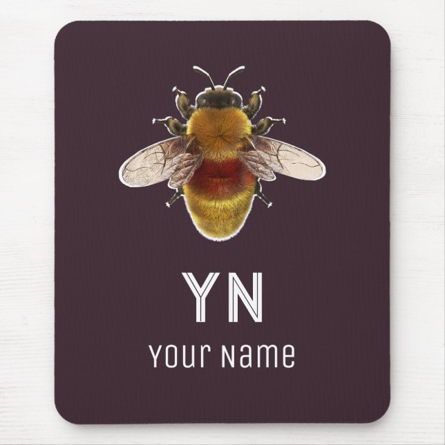 Personalized Bumblebee Monogram Plum Noir Mouse Pad with Custom Initials and Name