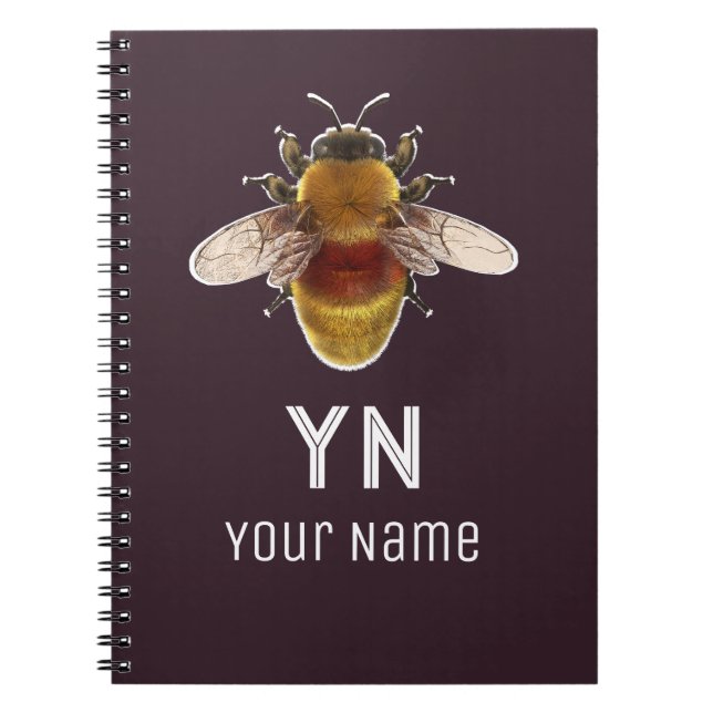 Personalized Bumblebee Monogram Plum Noir Notebook with Custom Initials and Name