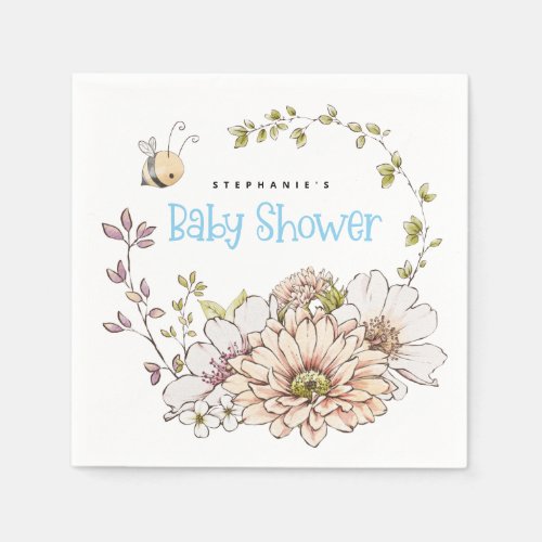 Bumblebee Name Florals Baby Blue Shower Napkins