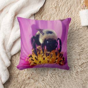 Bumblebee On Cosmos Flower   Throw Pillow