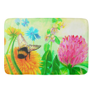 Bumblebee on dandelion bath mat