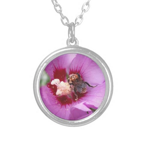 Bumblebee on Hibiscus Flower Silver Plated Necklace