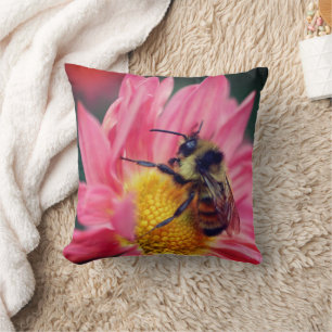 Bumblebee On Pink Daisy Flower Close Up  Throw Pillow