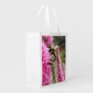 Bumblebee on Pink Flowers Grocery Bag
