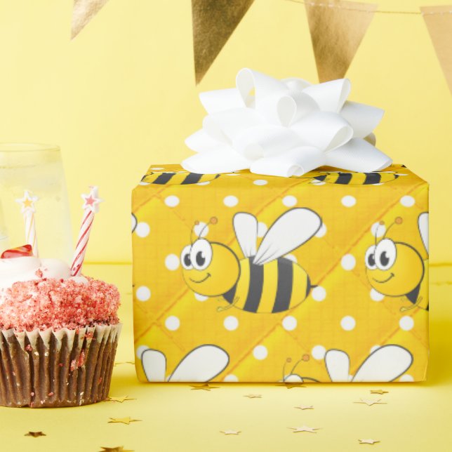 Bumblebee On Yellow and White Polka Dots Wrapping Paper (Birthday Party)