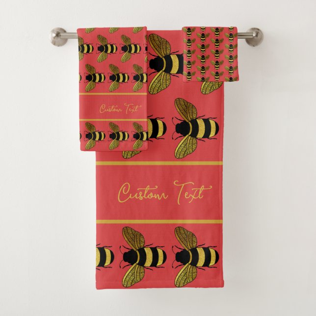 BUMBLEBEE PATTERN YELLOW GOLD BLACK BEE ON RED BATH TOWEL SET (Insitu)