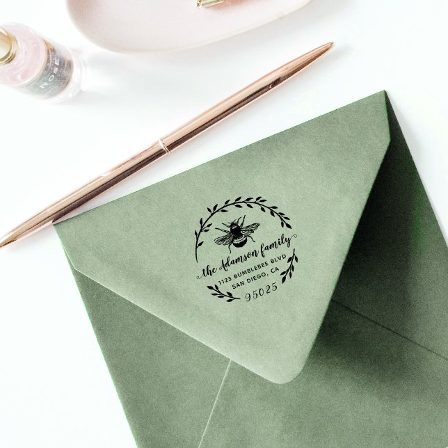Bumblebee & Rustic Wreath | Family Name Address Self-inking Stamp (Creator Uploaded)