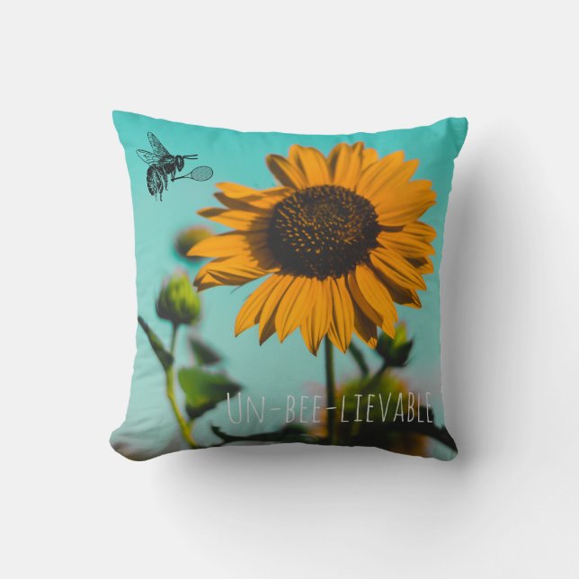 Bumblebee Tennis Player With Text on Sunflower Throw Pillow (Front)