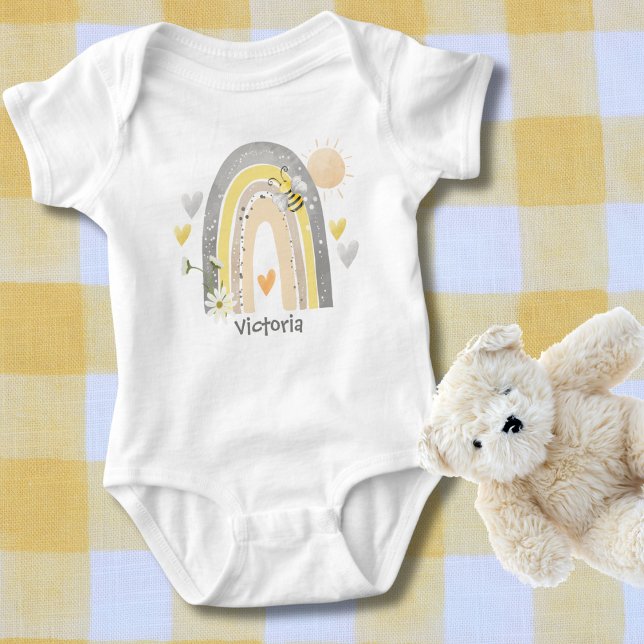 Bumblebee with Boho Rainbow and Hearts Monogram   Baby Bodysuit (Creator Uploaded)