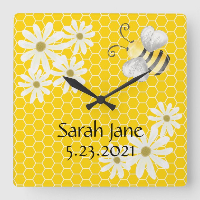 Bumblebee with Honeycomb and Daisies Signature Square Wall Clock (Front)
